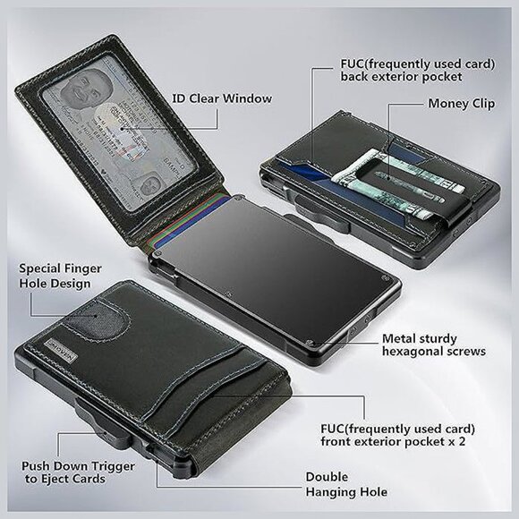 Wallet for Men - with Money Clip Slim Leather Slots , Dark Olive Green - Picture 2 of 6